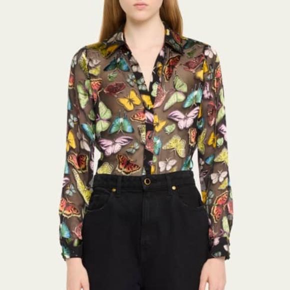 Alice + Olivia Tops - Alice + Olivia Butterfly Black Button-Front Blouse NWT Sz XS